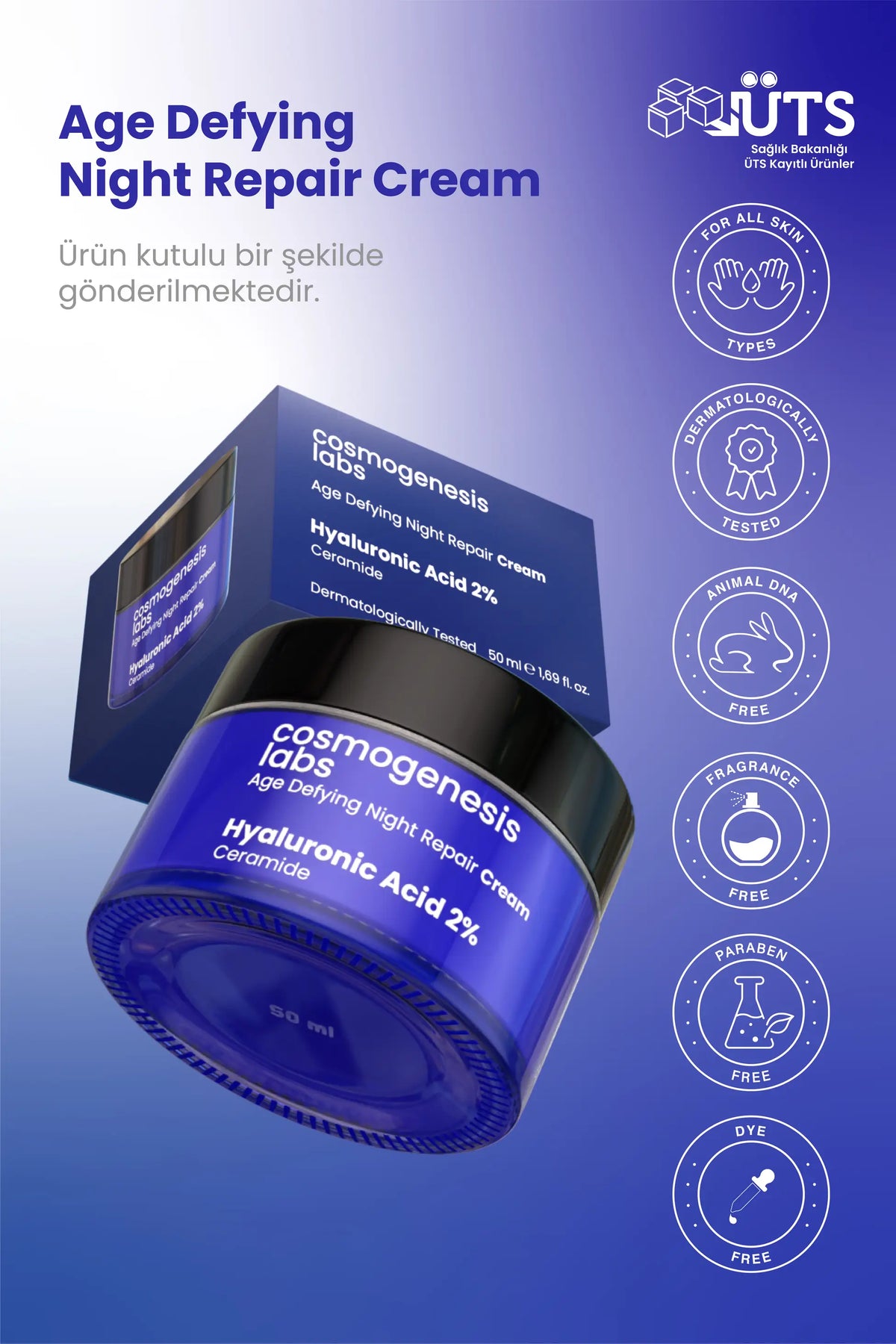 Gece Kremi %2 Hyaluronik Asit 50ml - Yaşlanma Karşıtı Yoğun Nemlendirici Dolgunlaştırıcı Vegan