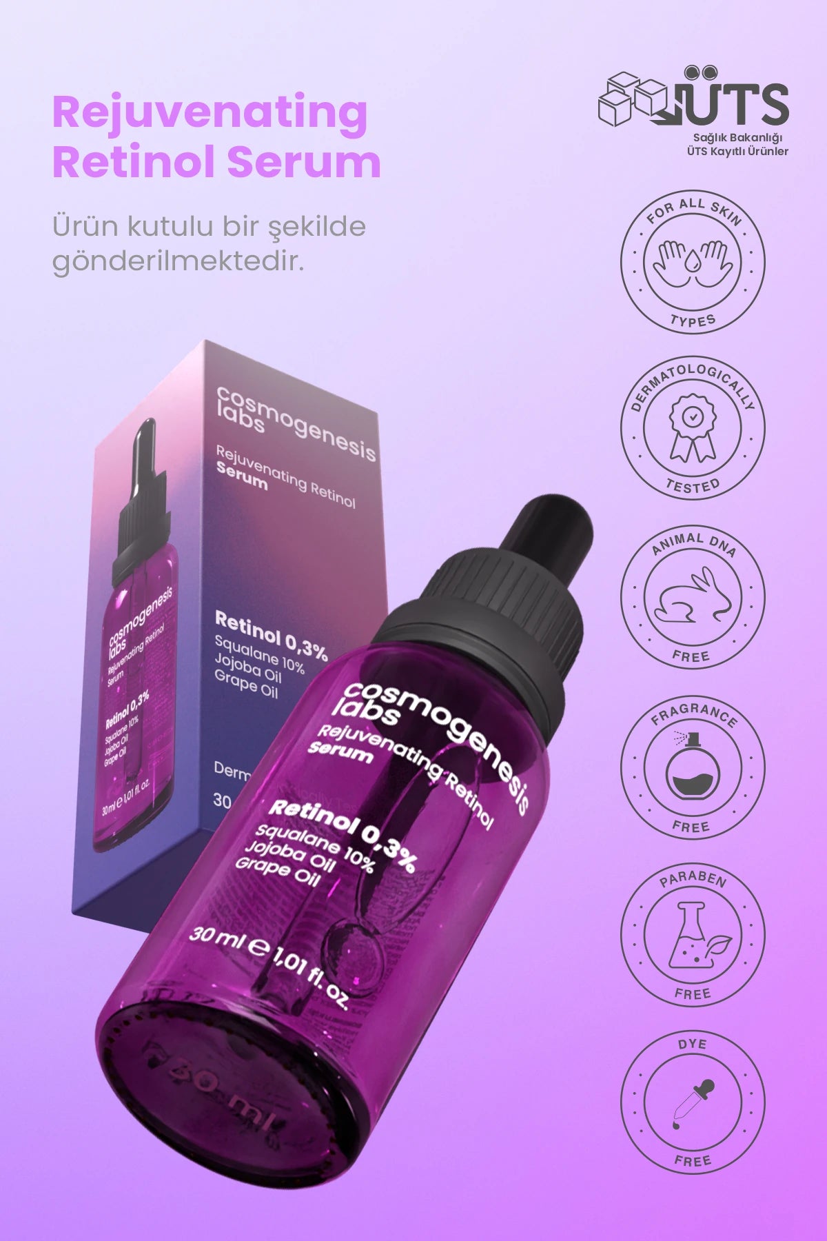 Retinol Serum 30ml - %0.3 Retinol İçeren İnce Kırışıklık Karşıtı Sıkılaştırıcı Vegan (%10 Skualen)