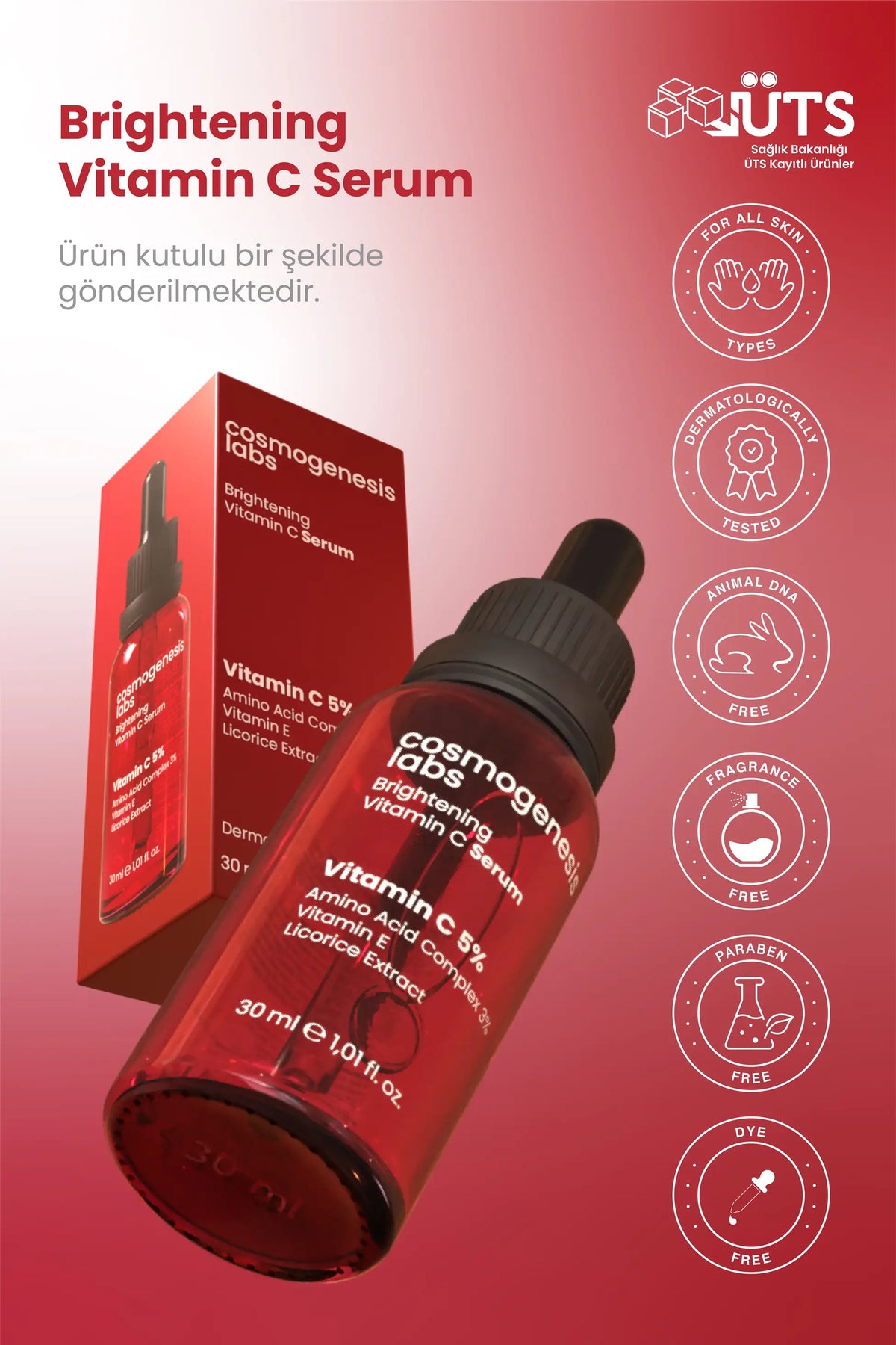 C Vitamini Serum 30ml – Aydınlatıcı, Pürüzsüzleştirici, Ince Çizgi Azaltıcı Vegan (%5 Vitamin C)