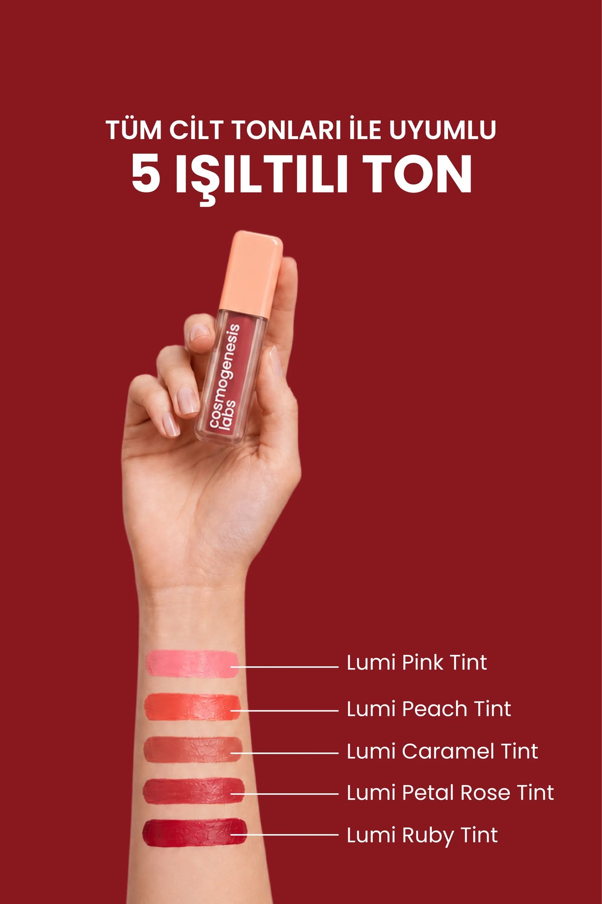 Lumi Ruby Tint 5 ml – Yoğun Yakut Kırmızısı Tonu Nemlendirici Allık Ruj Göz Farı (Su Bazlı)