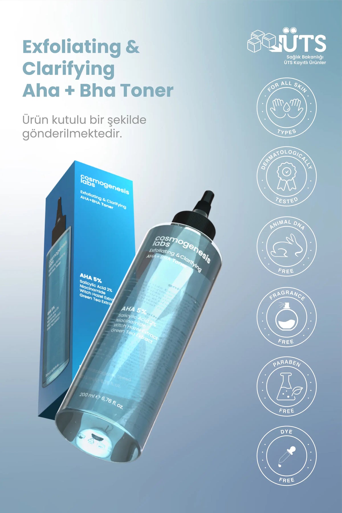 Peeling Etkili Tonik 200ml – %5 AHA %2 BHA Arındırıcı Gözenek Sıkılaştırıcı Ph Dengeleyici Vegan