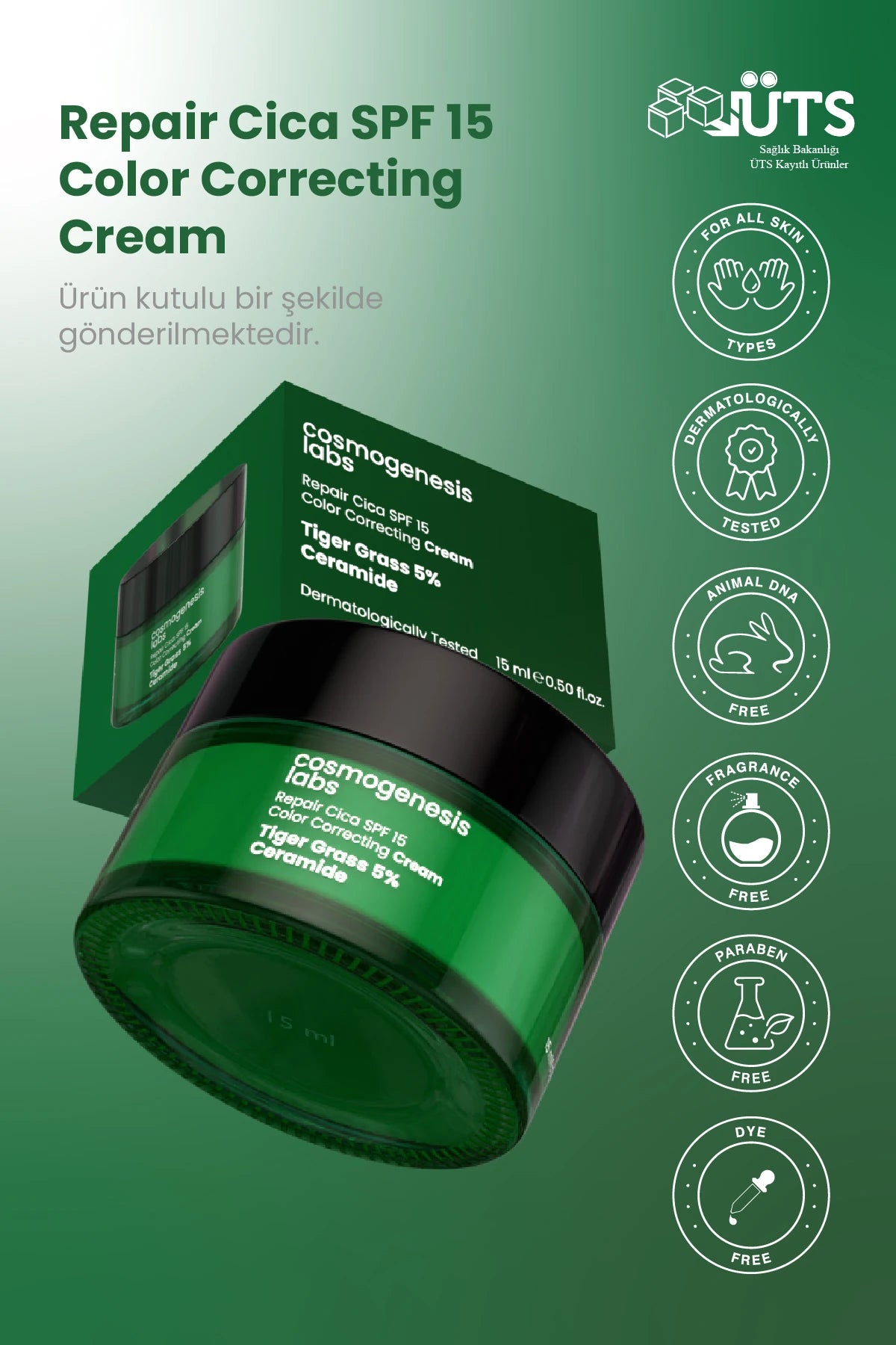 Ton Eşitleyici Tiger Grass Cica Krem 15ml - Bariyer Onarıcı Nemlendirici SPF 15 Koruma Vegan