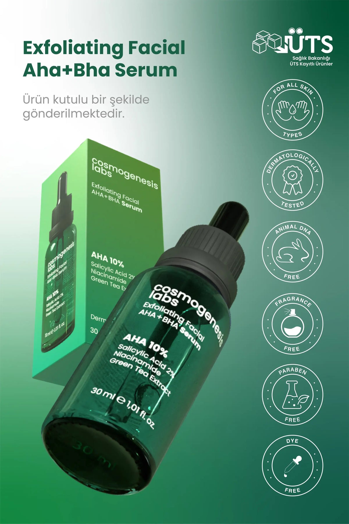 Aha %10 Bha %2 Peeling Etkili Serum 30ml - Cilt Yenileyici Ölü Hücre Temizleyici Yeşil Çay Vegan