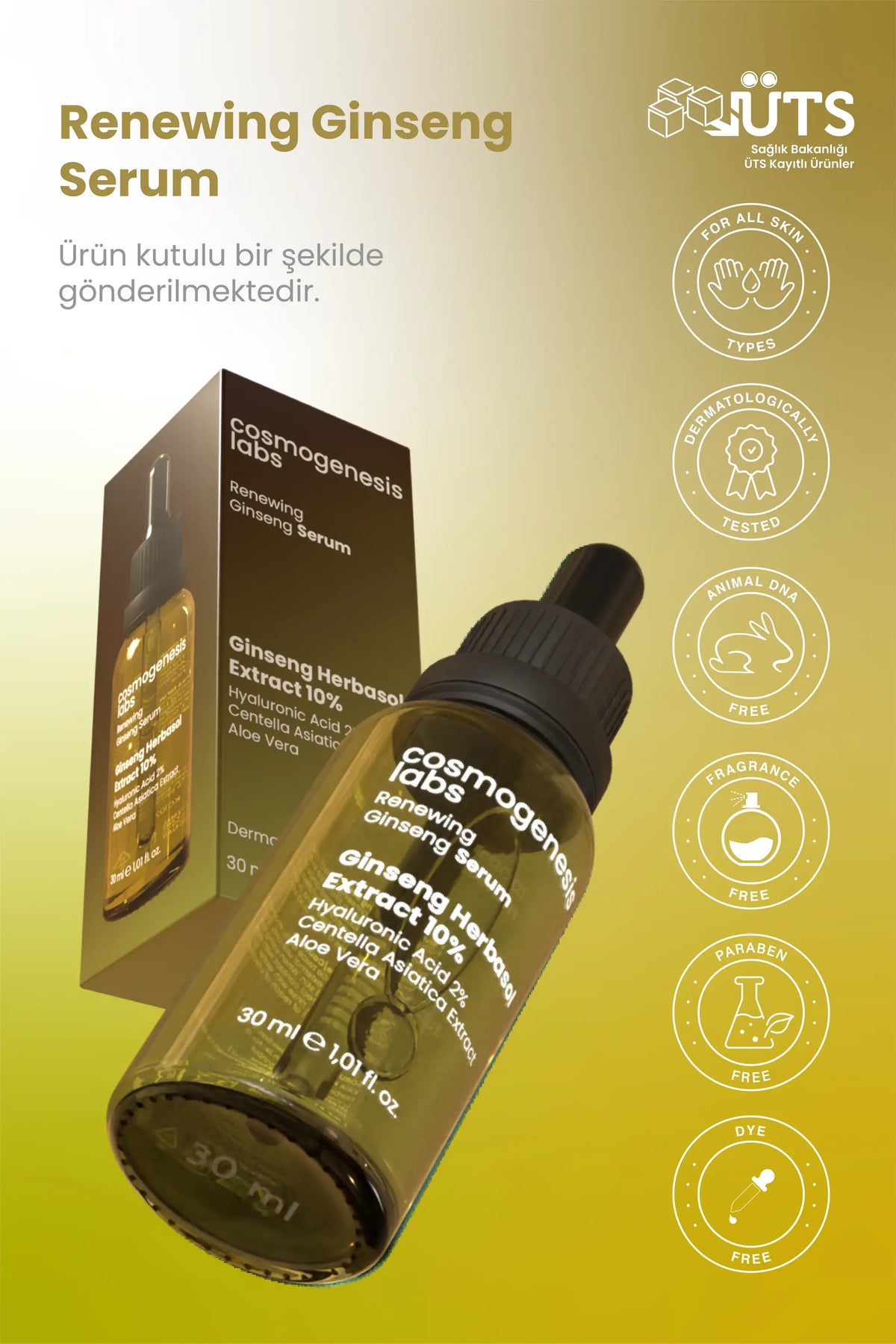 Ginseng Serum 30ml - Cilt Yenileyici, Sıkılaştırıcı, Bariyer Güçlendirici Vegan (%10 Ginseng Özü)