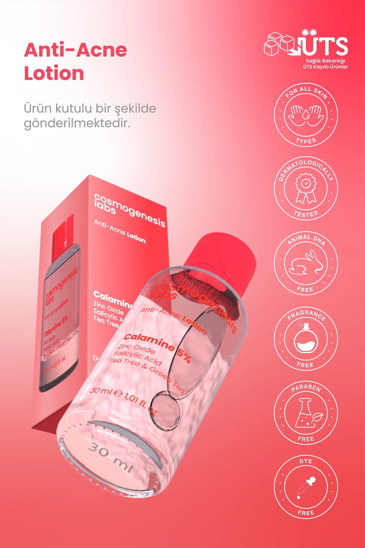Akne Önleyici Kurutucu Losyon 30ml – Yatıştırıcı Siyah Nokta Azaltıcı Vegan (%5 Kalamin - Yeşil Çay)