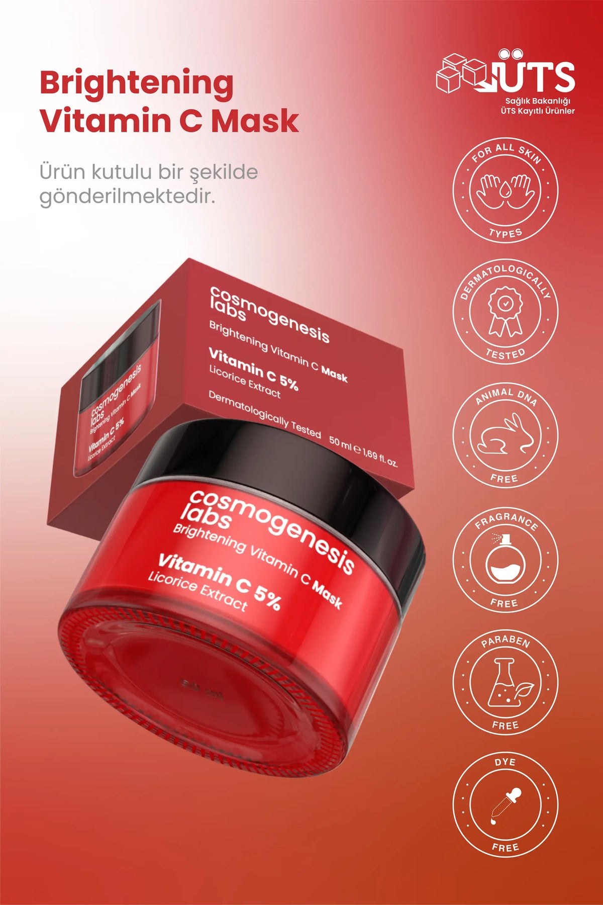 Vitamin C Krem Maske 50ml - %5 C Vitamini İçeren Durulanan Aydınlatıcı Pürüz Giderici Vegan