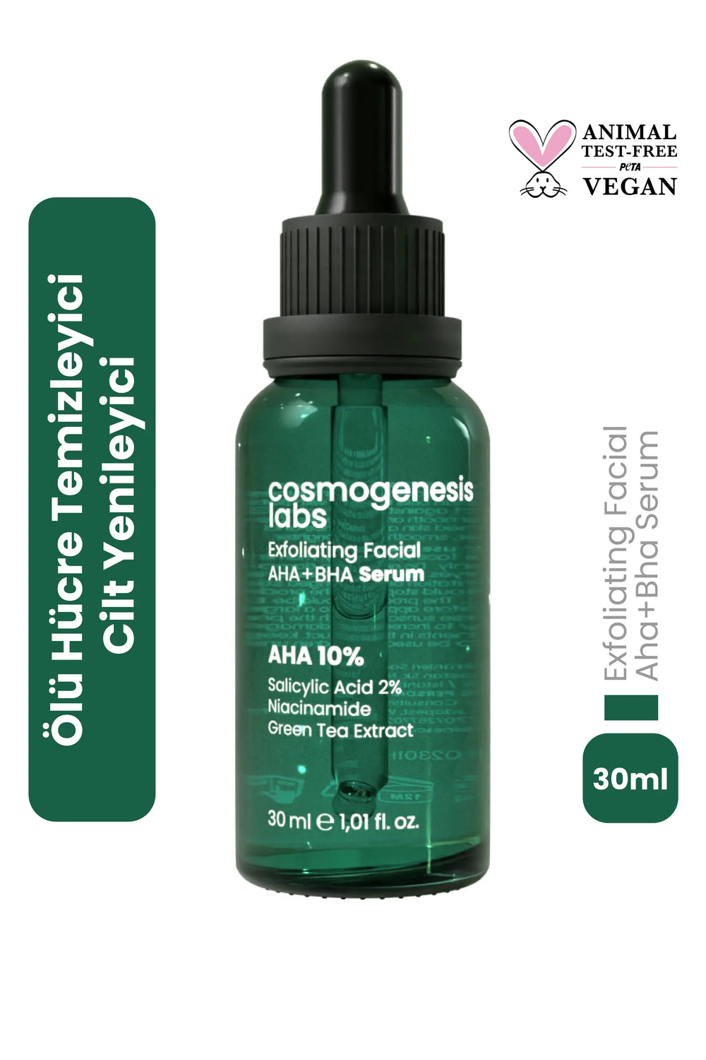 Aha %10 Bha %2 Peeling Etkili Serum 30ml - Cilt Yenileyici Ölü Hücre Temizleyici Yeşil Çay Vegan