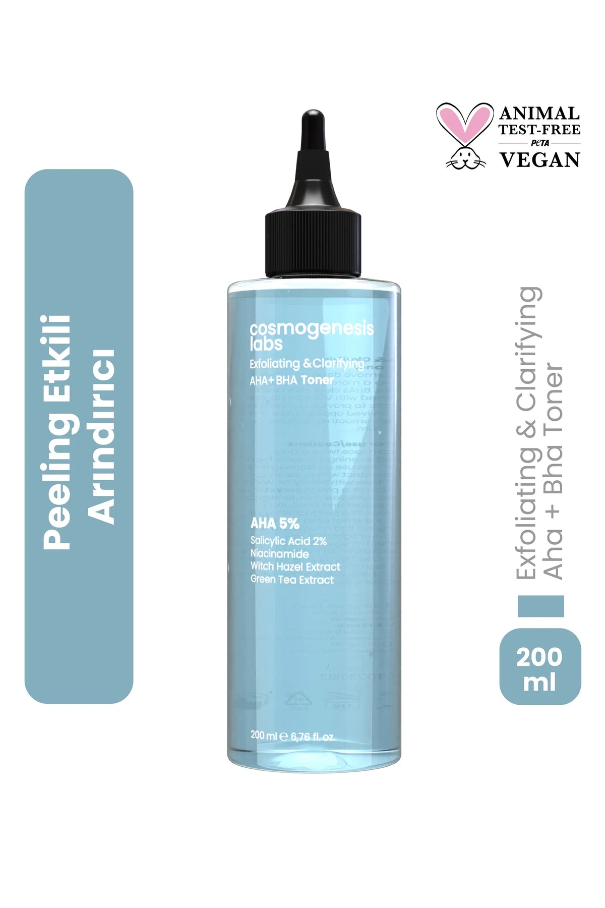 Peeling Etkili Tonik 200ml – %5 AHA %2 BHA Arındırıcı Gözenek Sıkılaştırıcı Ph Dengeleyici Vegan
