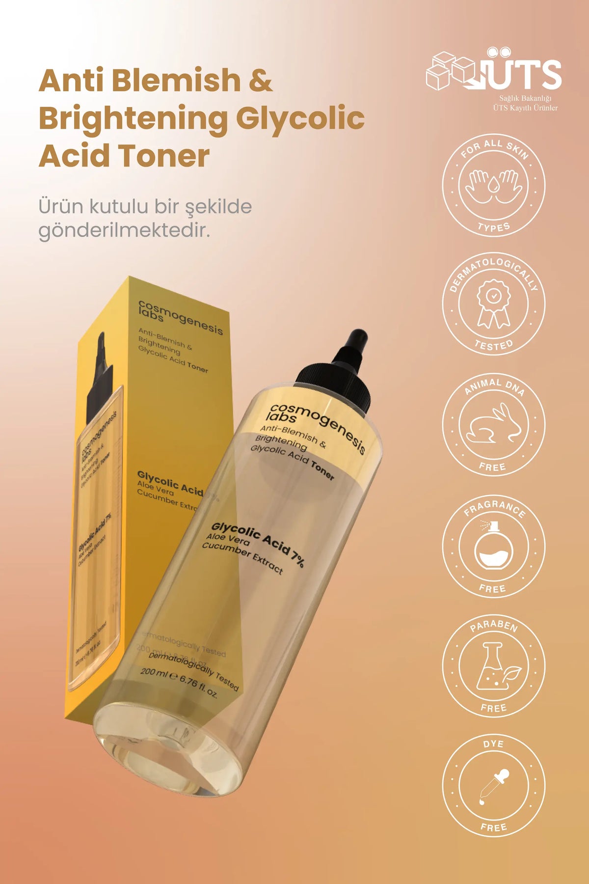 Canlandırıcı ve Leke Karşıtı Glikolik Asit Tonik 200ml - Pürüzsüzleştirici Aydınlatıcı Vegan (%7 Glikolik Asit)